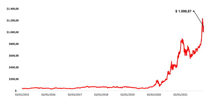 gráfico_preço_tesla_consciencia_de_investidor